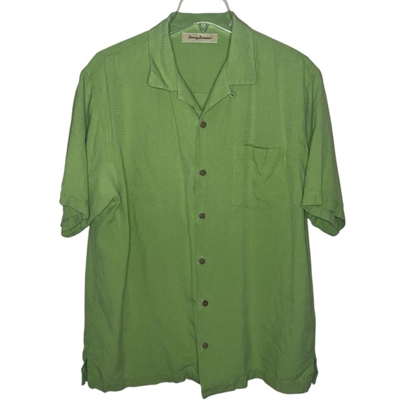 Tommy Bahama 100% Silk Short Sleeved Green Button Down Shirt Size Large - Picture 1 of 8